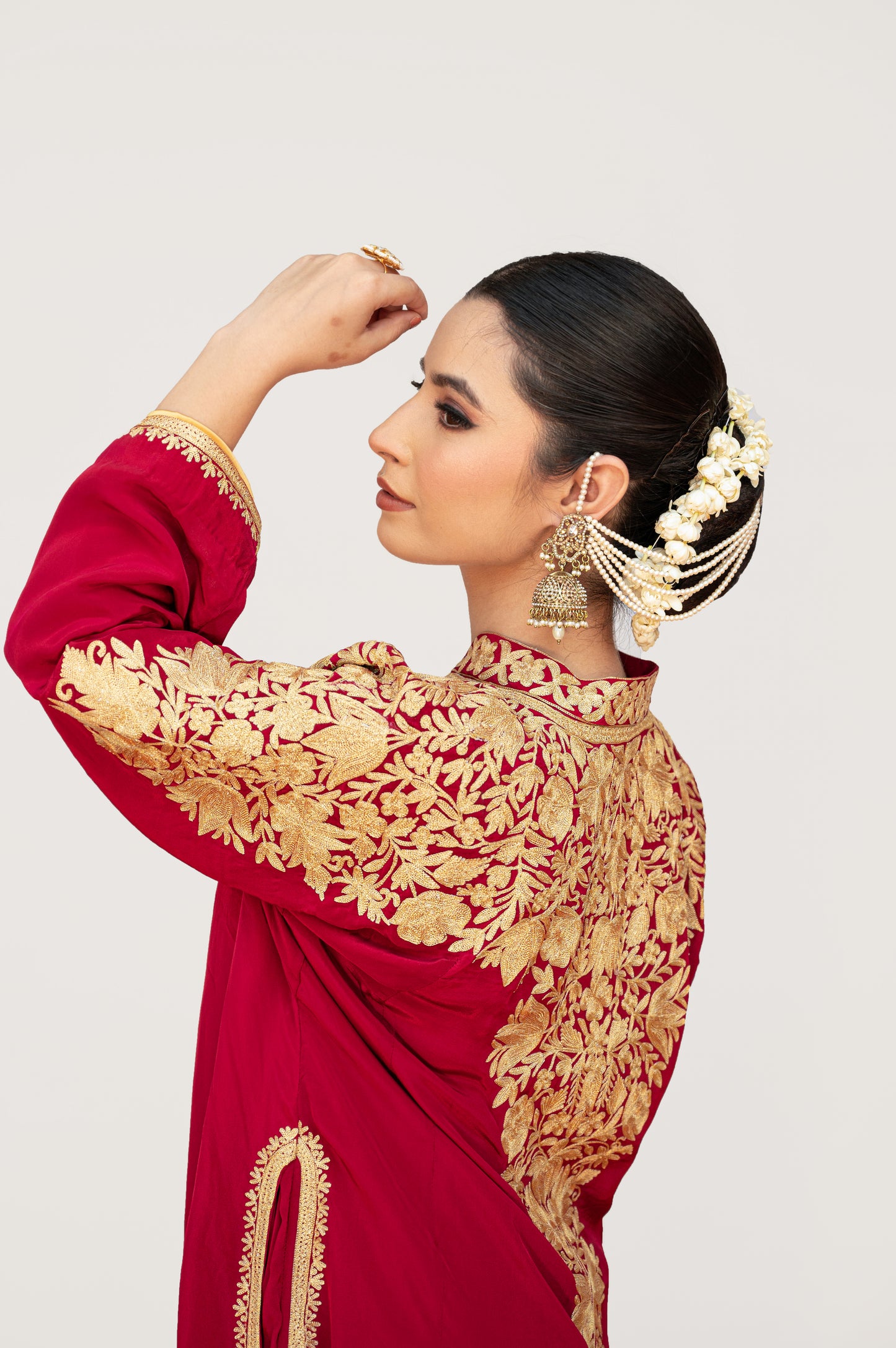 Cherry Red Crepe Aari Shoulder Set with Potli