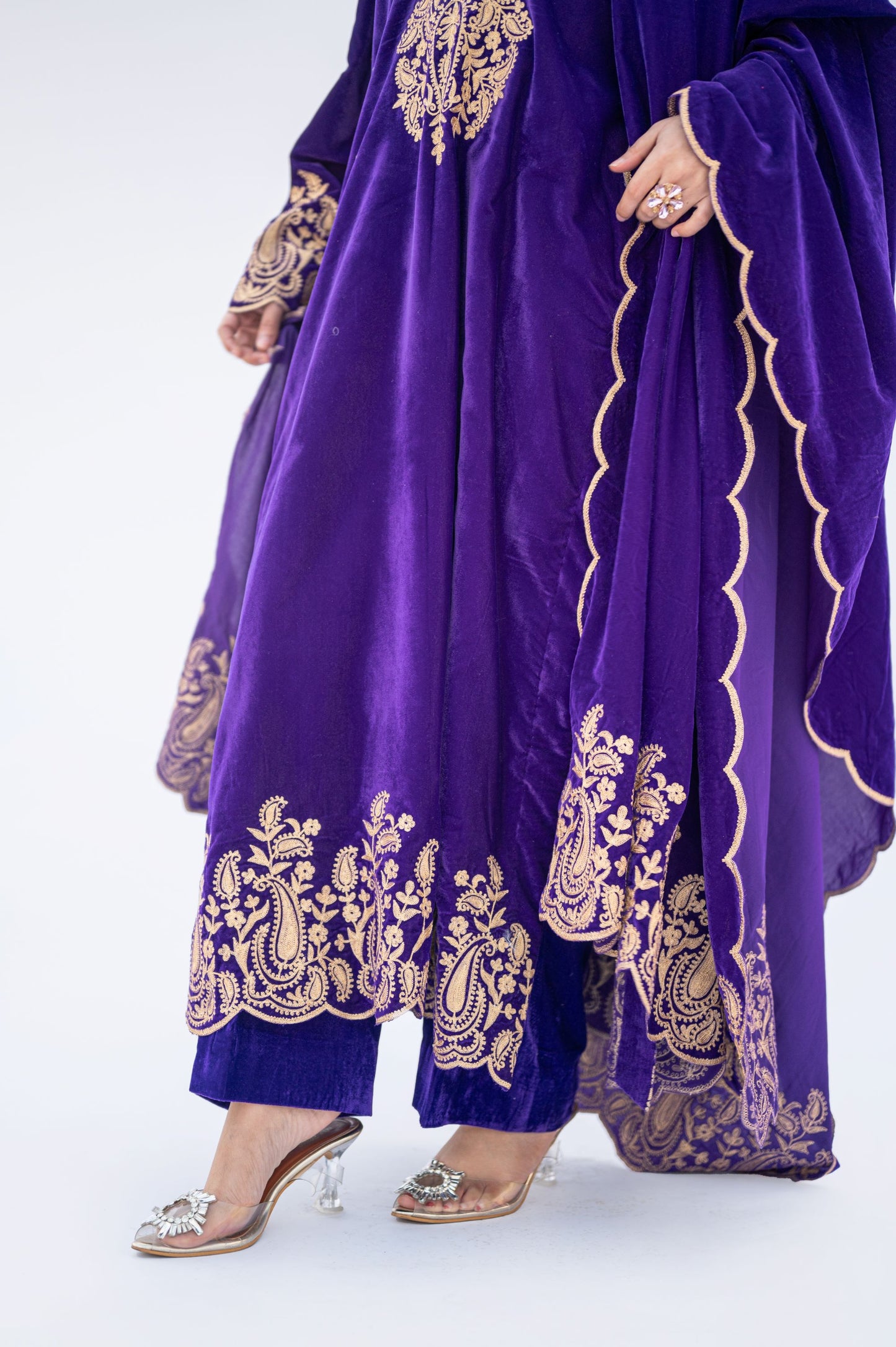 Purple velvet aari tilla scalloping suit