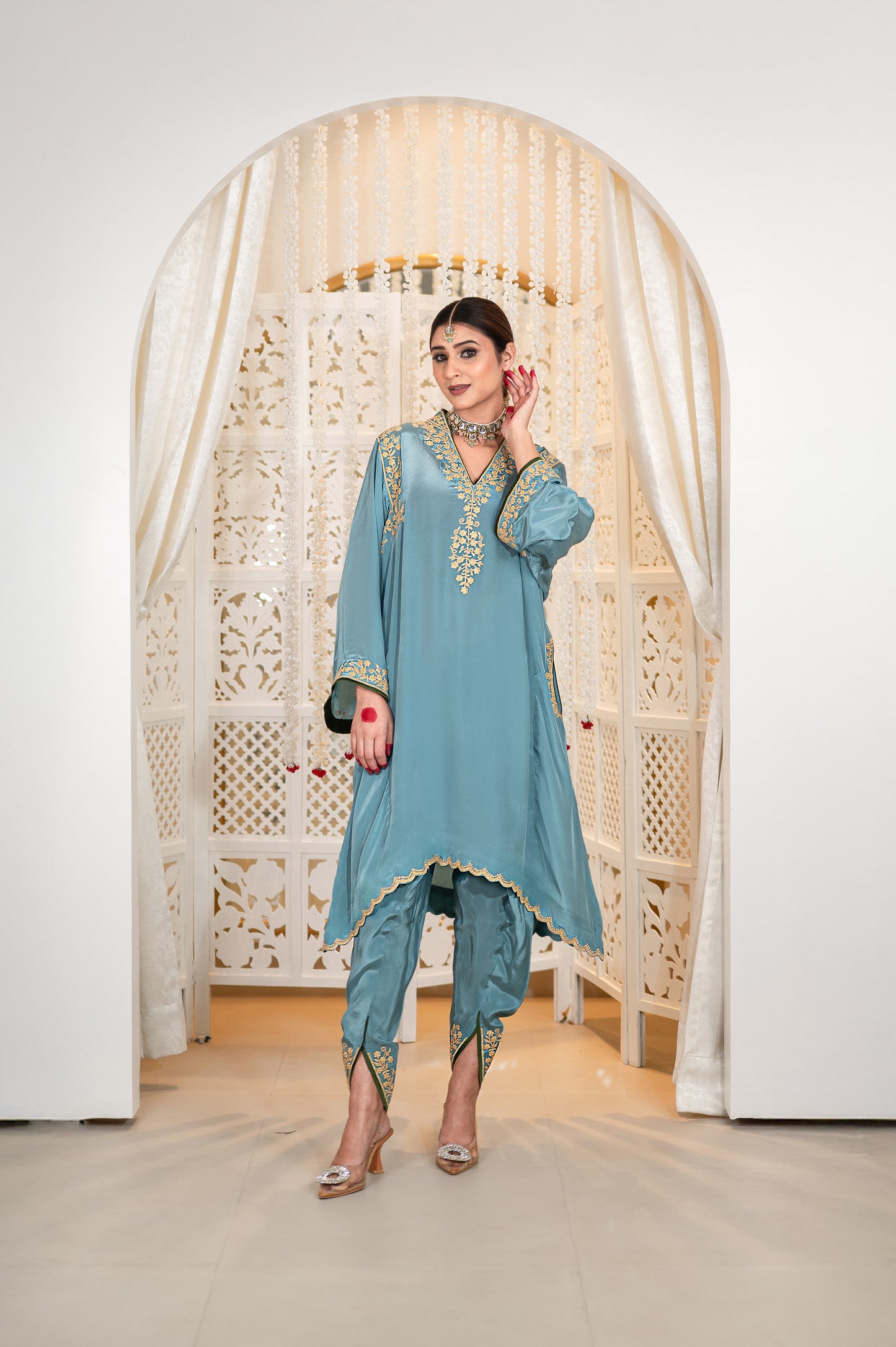 Blue Shoulder Phiran w Tulip Pants