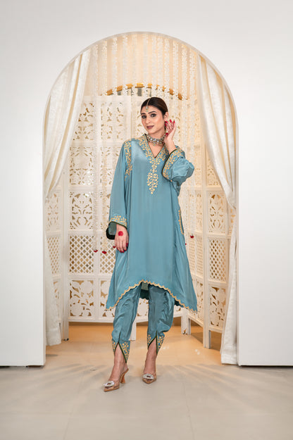Blue Shoulder Phiran w Tulip Pants