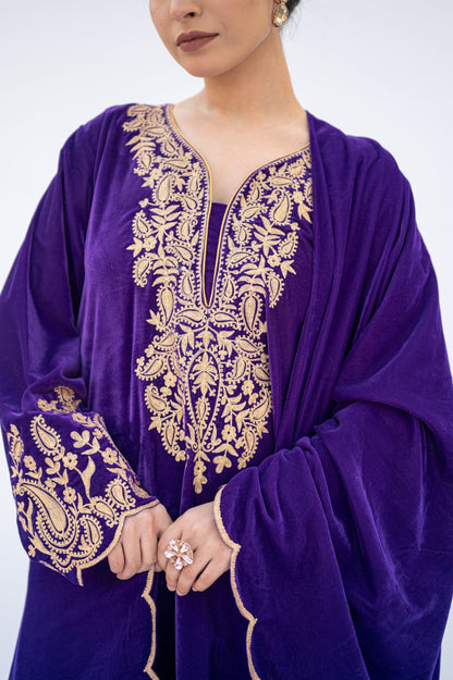 Purple velvet aari tilla scalloping suit