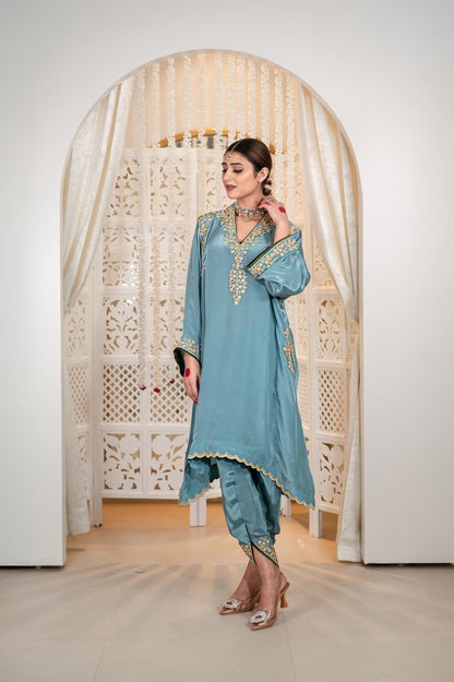 Blue Shoulder Phiran w Tulip Pants