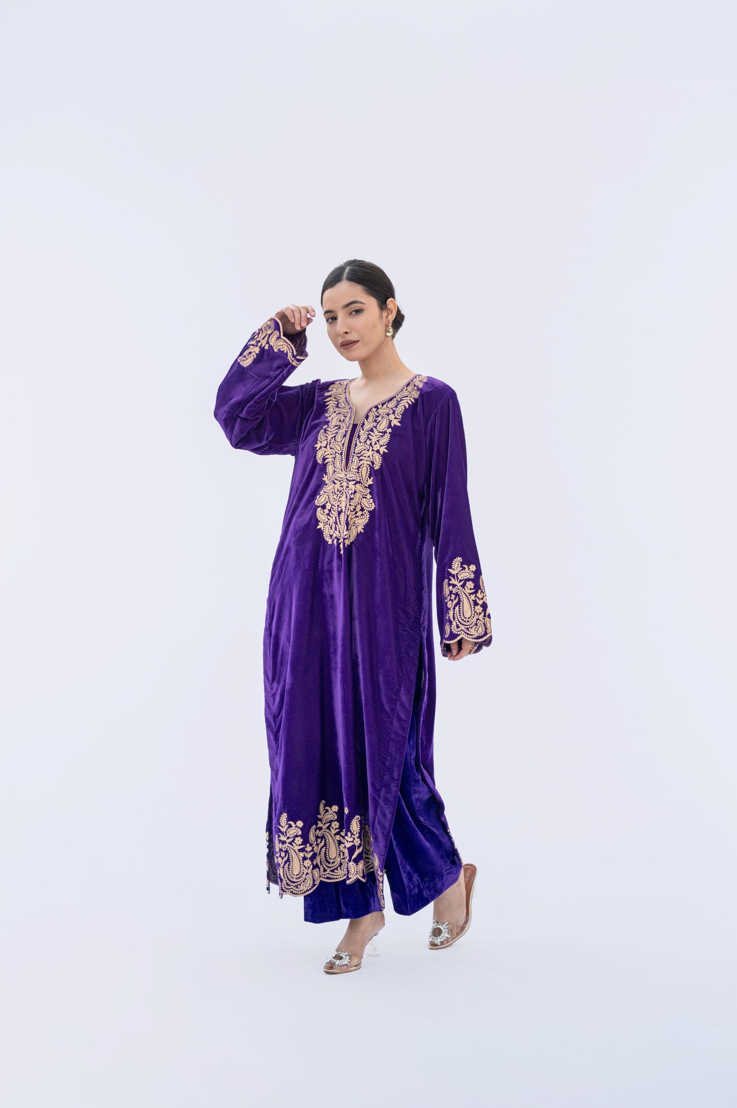 Purple velvet aari tilla scalloping suit