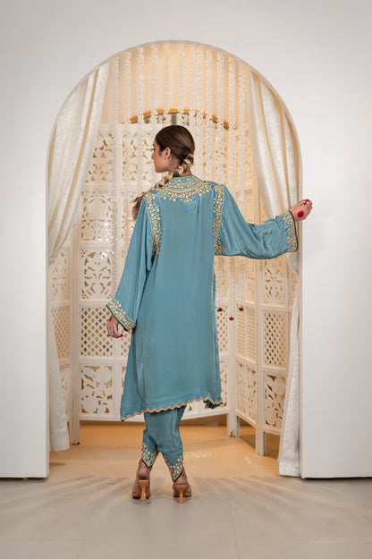 Blue Shoulder Phiran w Tulip Pants