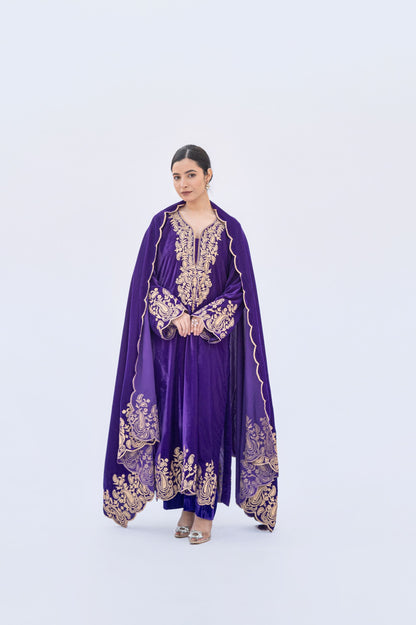 Purple velvet aari tilla scalloping suit