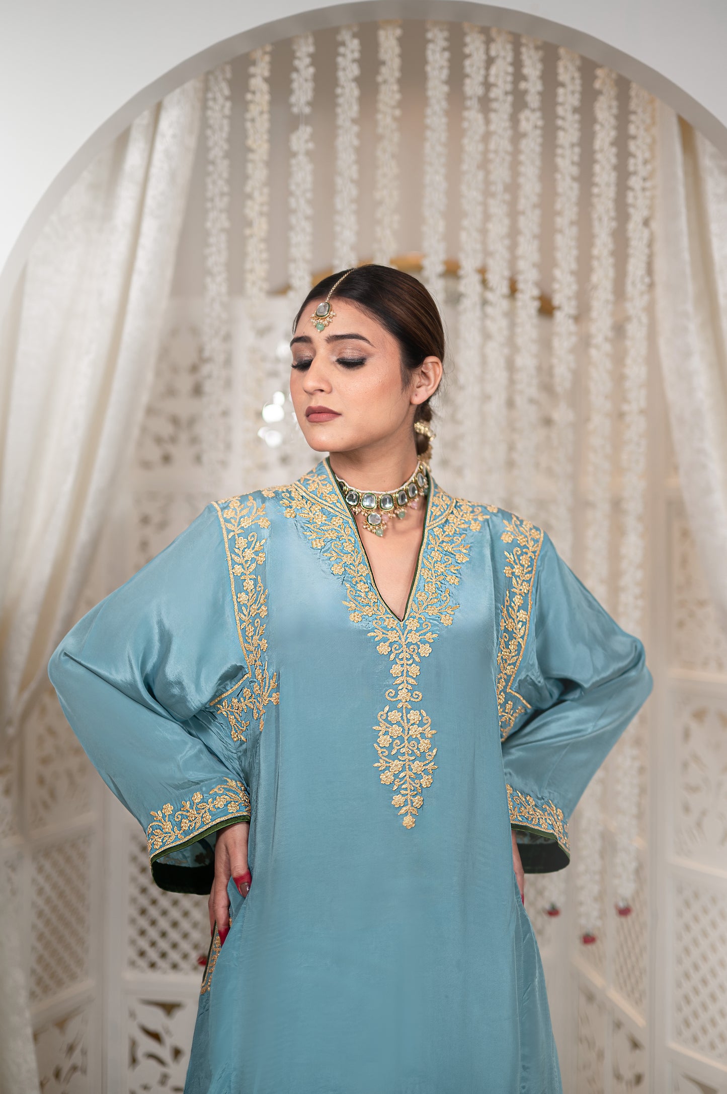 Blue Shoulder Phiran w Tulip Pants
