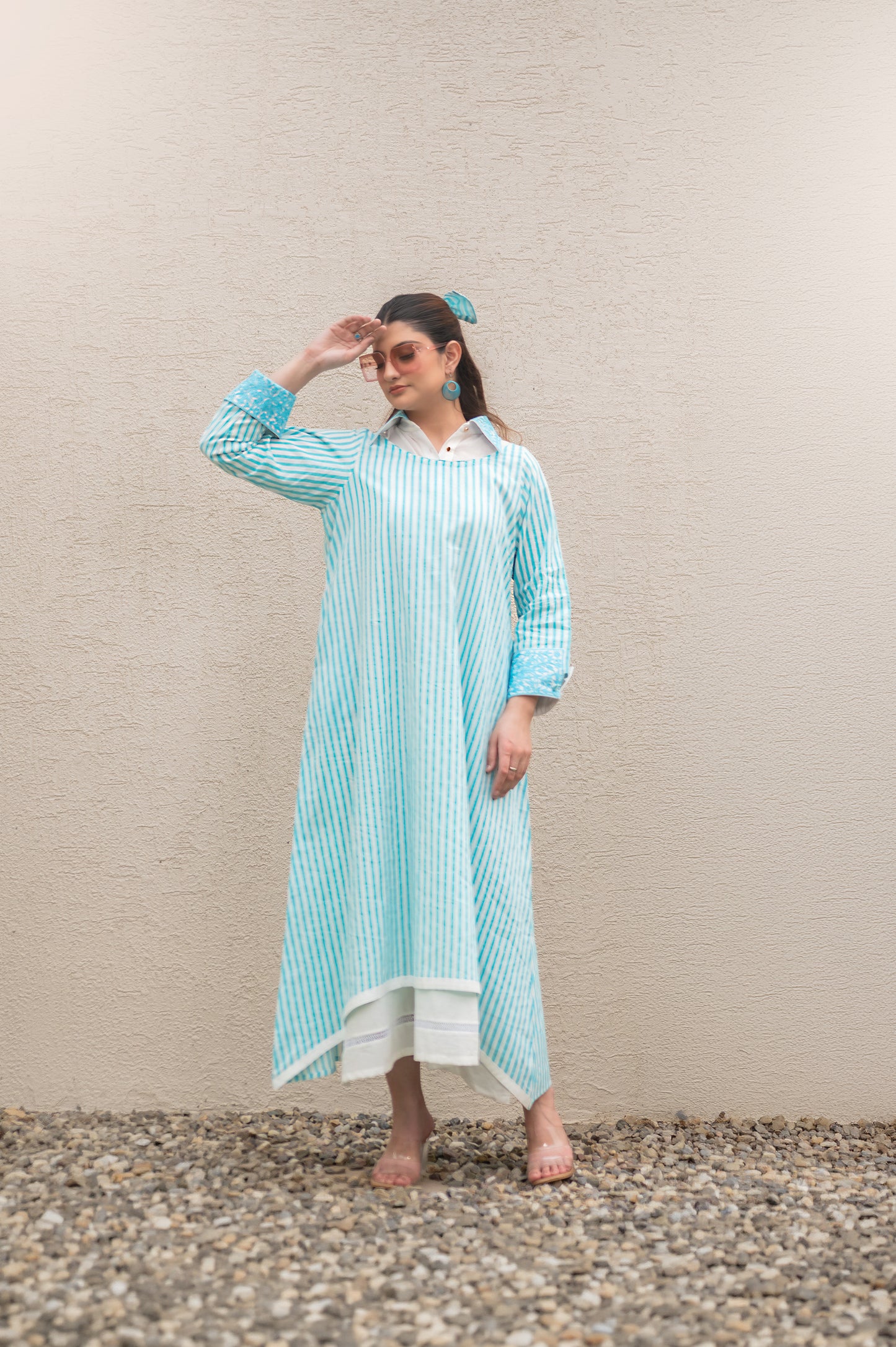 Blue Stripe Double Layer Long Dress