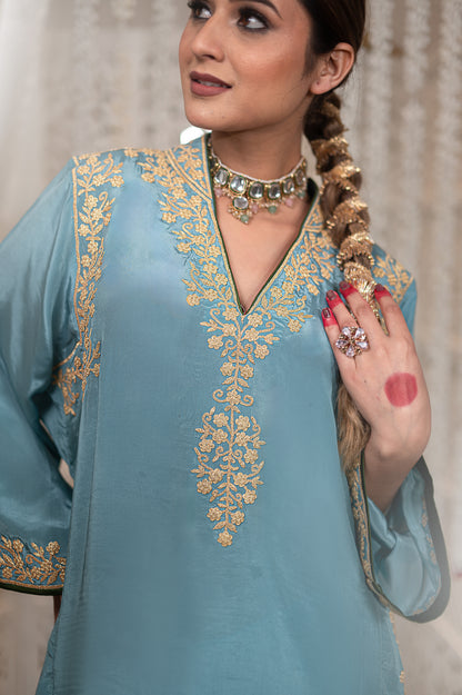 Blue Shoulder Phiran w Tulip Pants