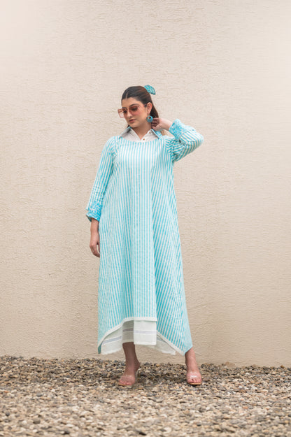 Blue Stripe Double Layer Long Dress