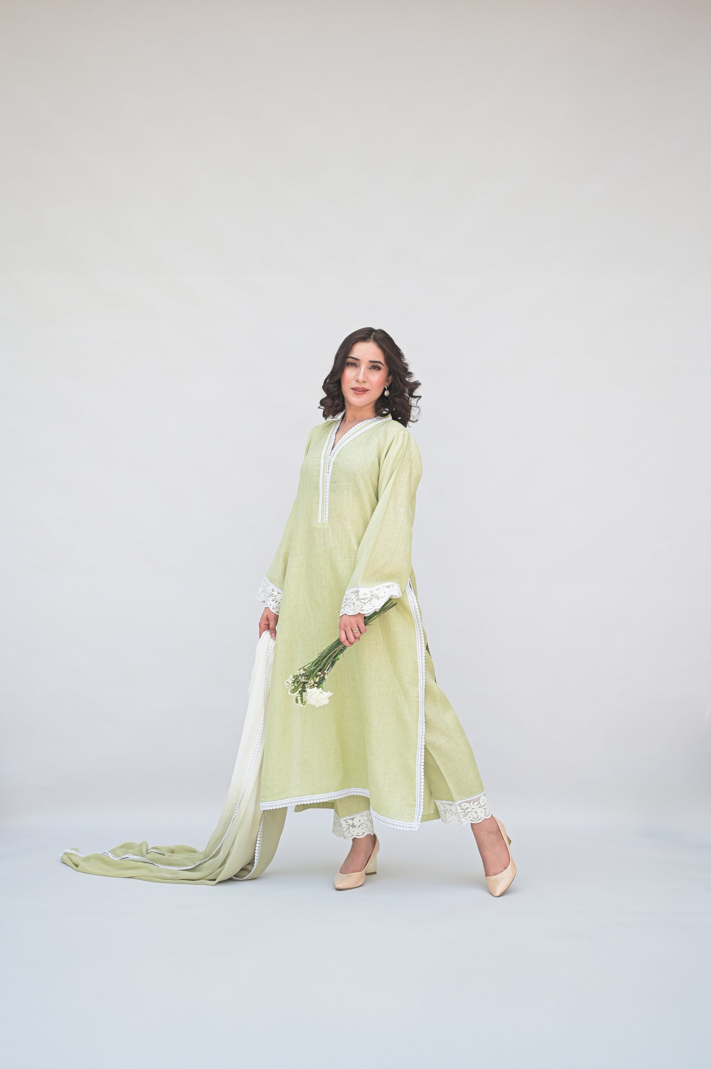 Sage Green Linen Suit with Ombre Dupatta