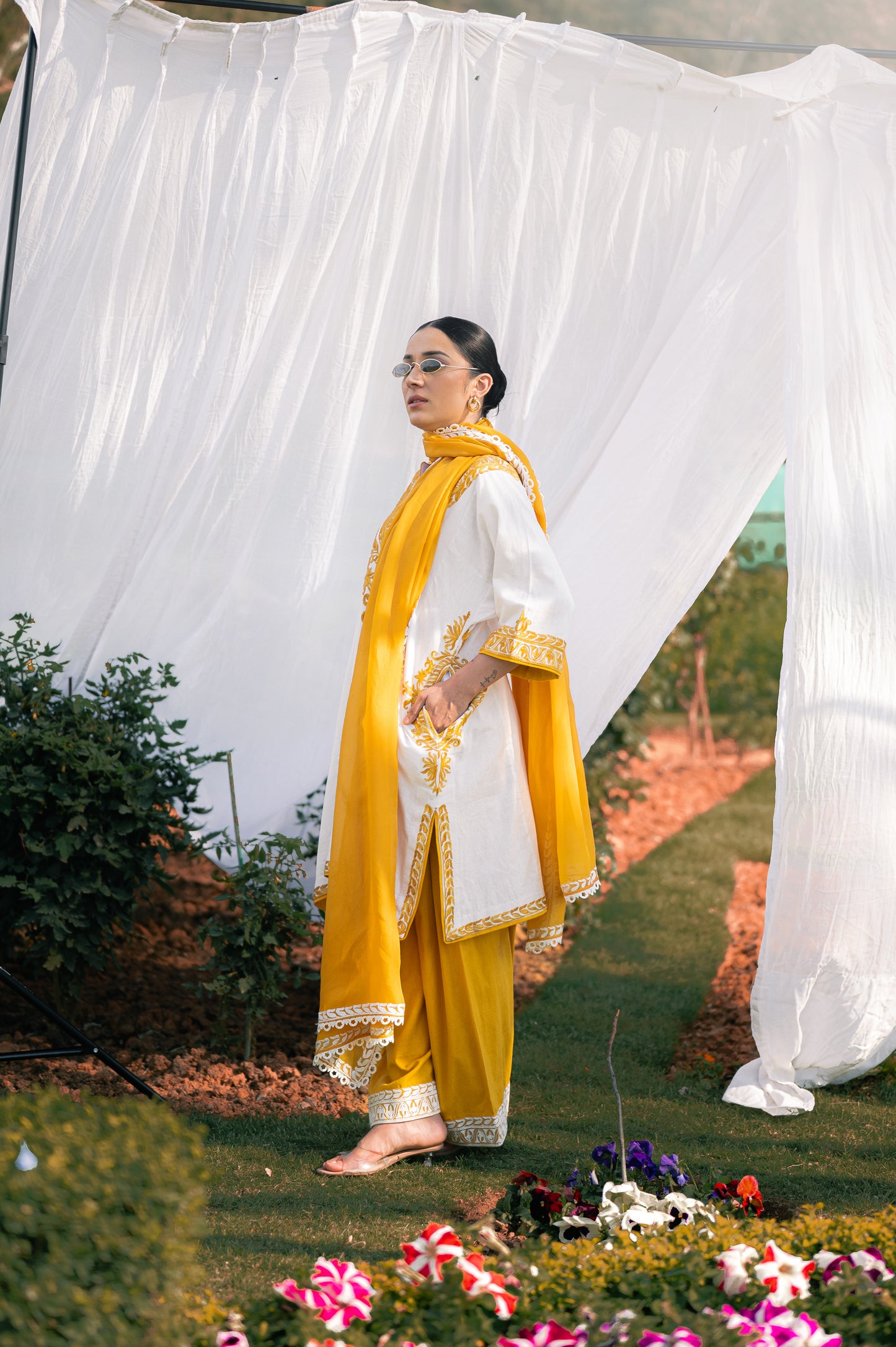 White & mustard cotton suit with aari embroidery