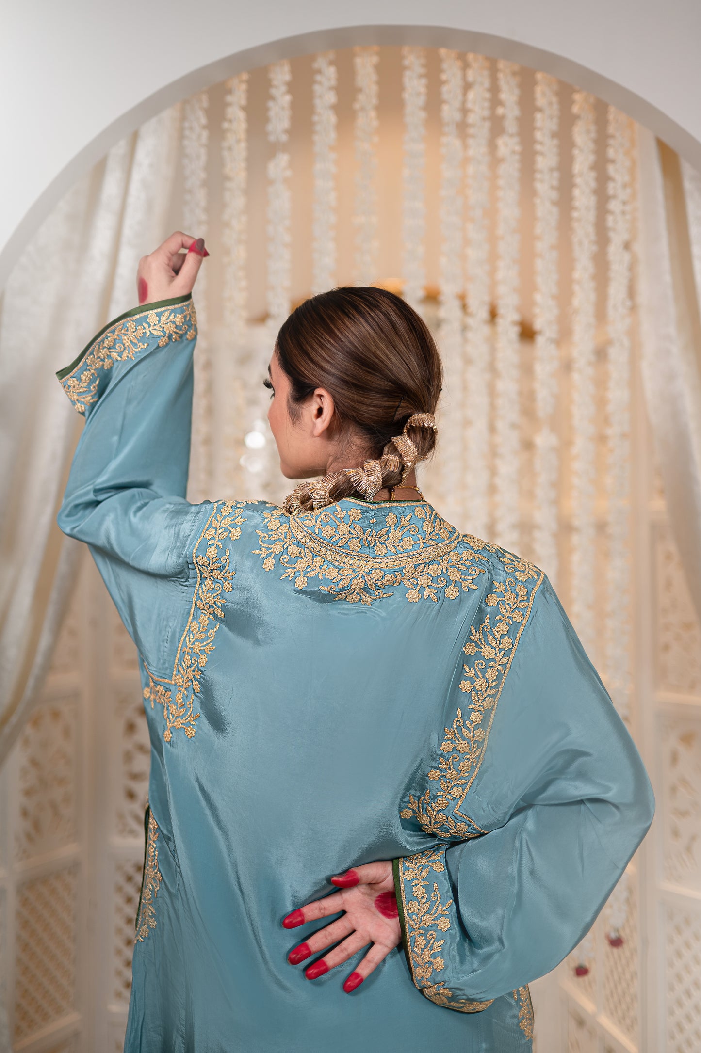 Blue Shoulder Phiran w Tulip Pants