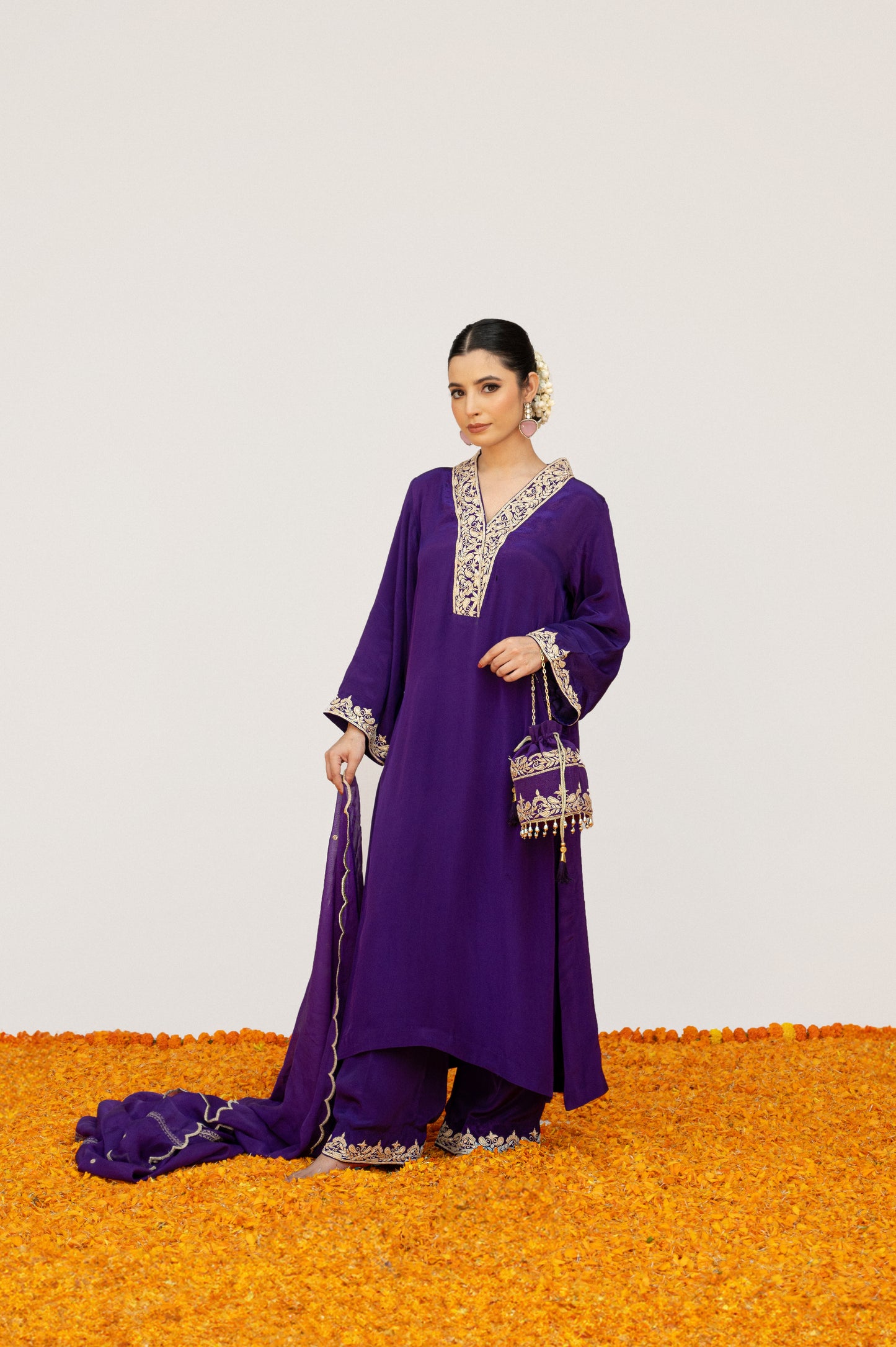 Dark Purple Crepe Tilla Suit with Potli