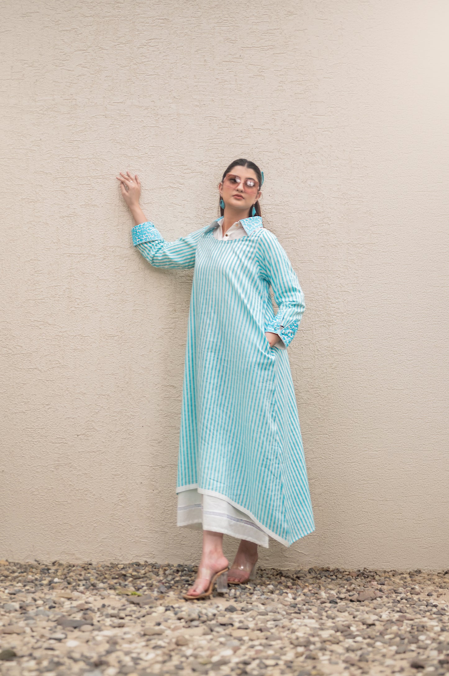Blue Stripe Double Layer Long Dress