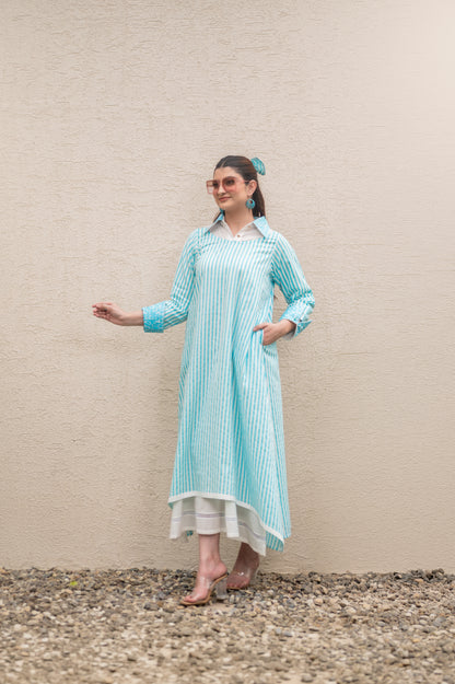 Blue Stripe Double Layer Long Dress