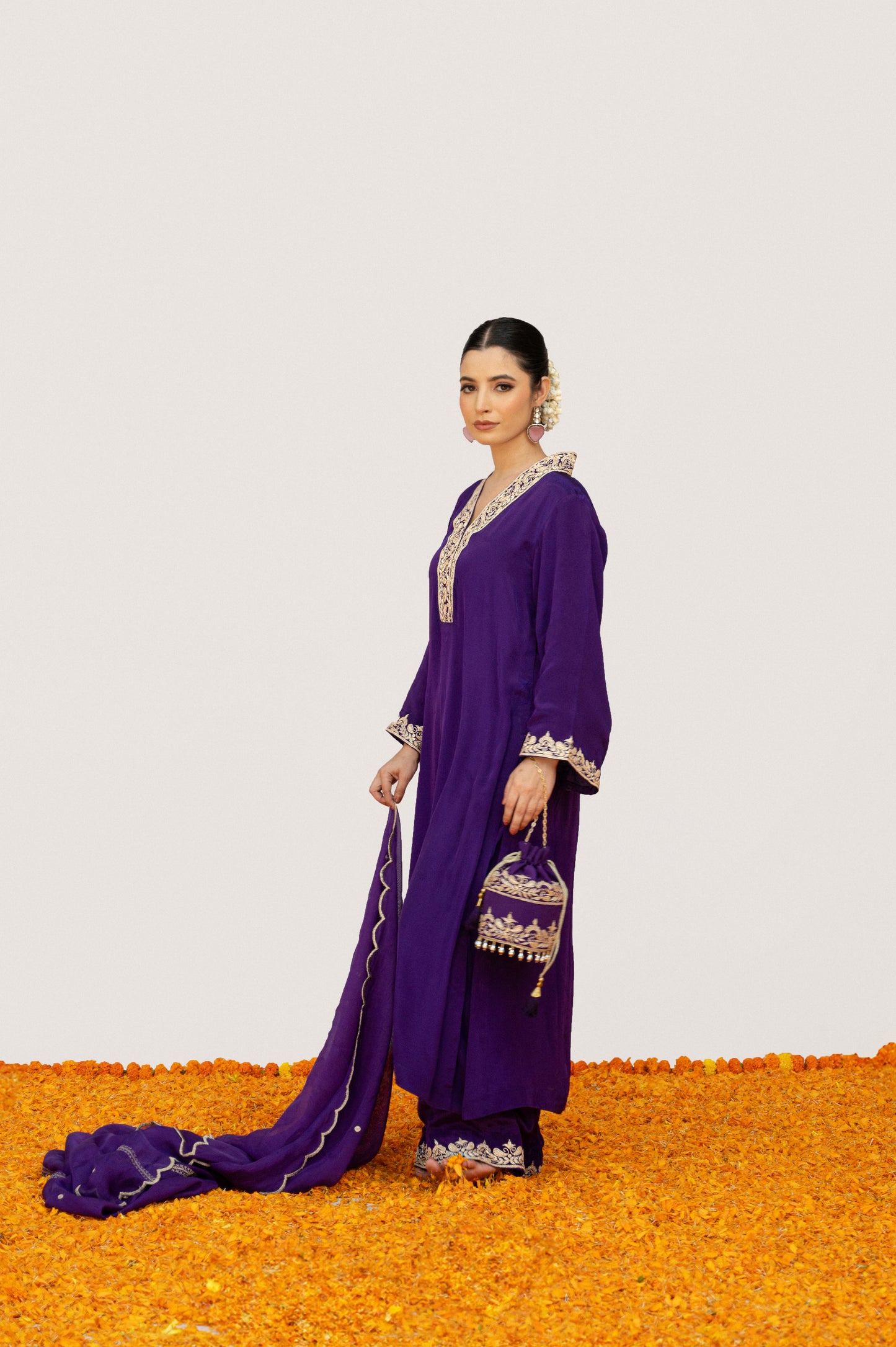 Dark Purple Crepe Tilla Suit with Potli