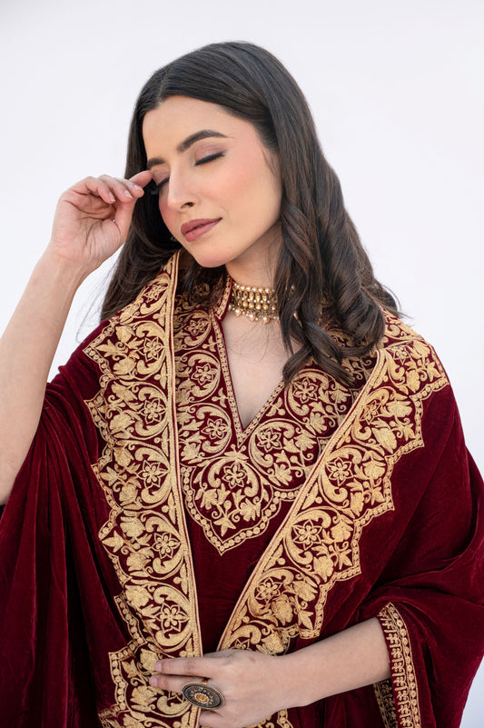 Maroon velvet minar cape set