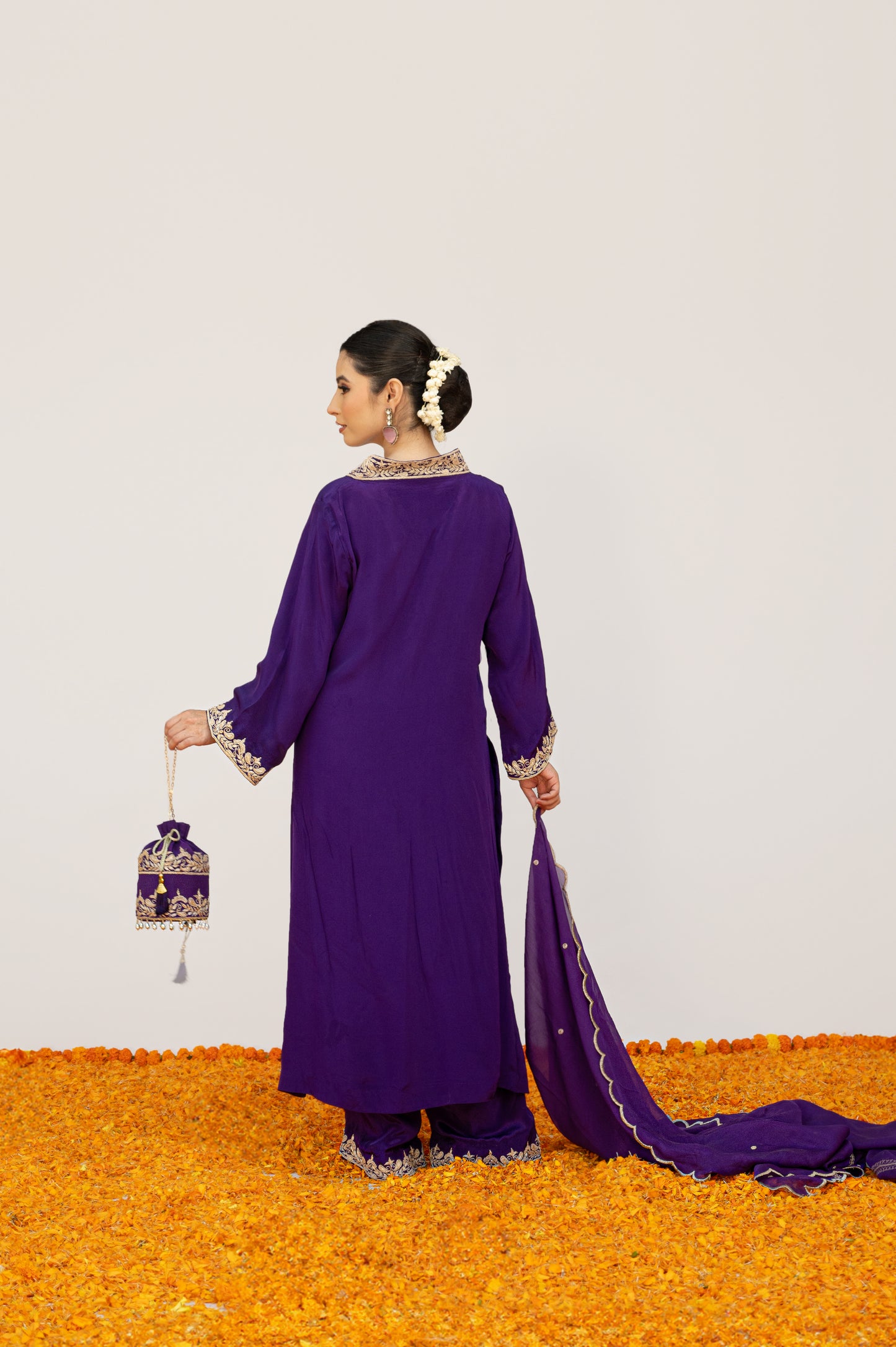 Dark Purple Crepe Tilla Suit with Potli