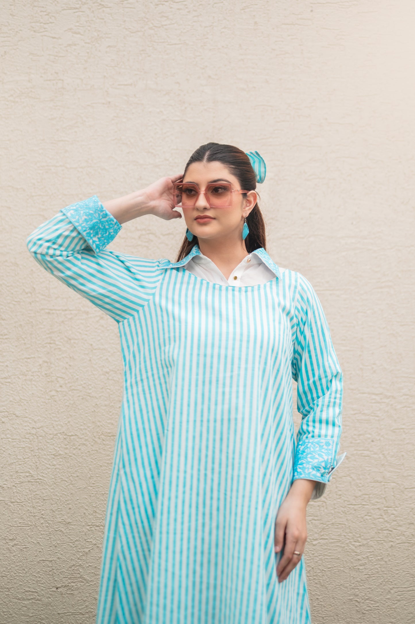 Blue Stripe Double Layer Long Dress