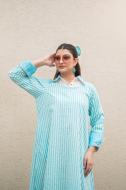 Blue Stripe Double Layer Long Dress