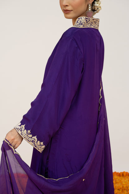 Dark Purple Crepe Tilla Suit with Potli