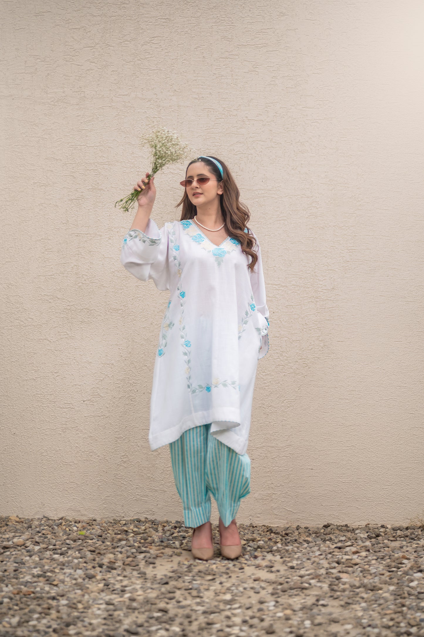 White Phiran With Blue Stripes Co-ord Set