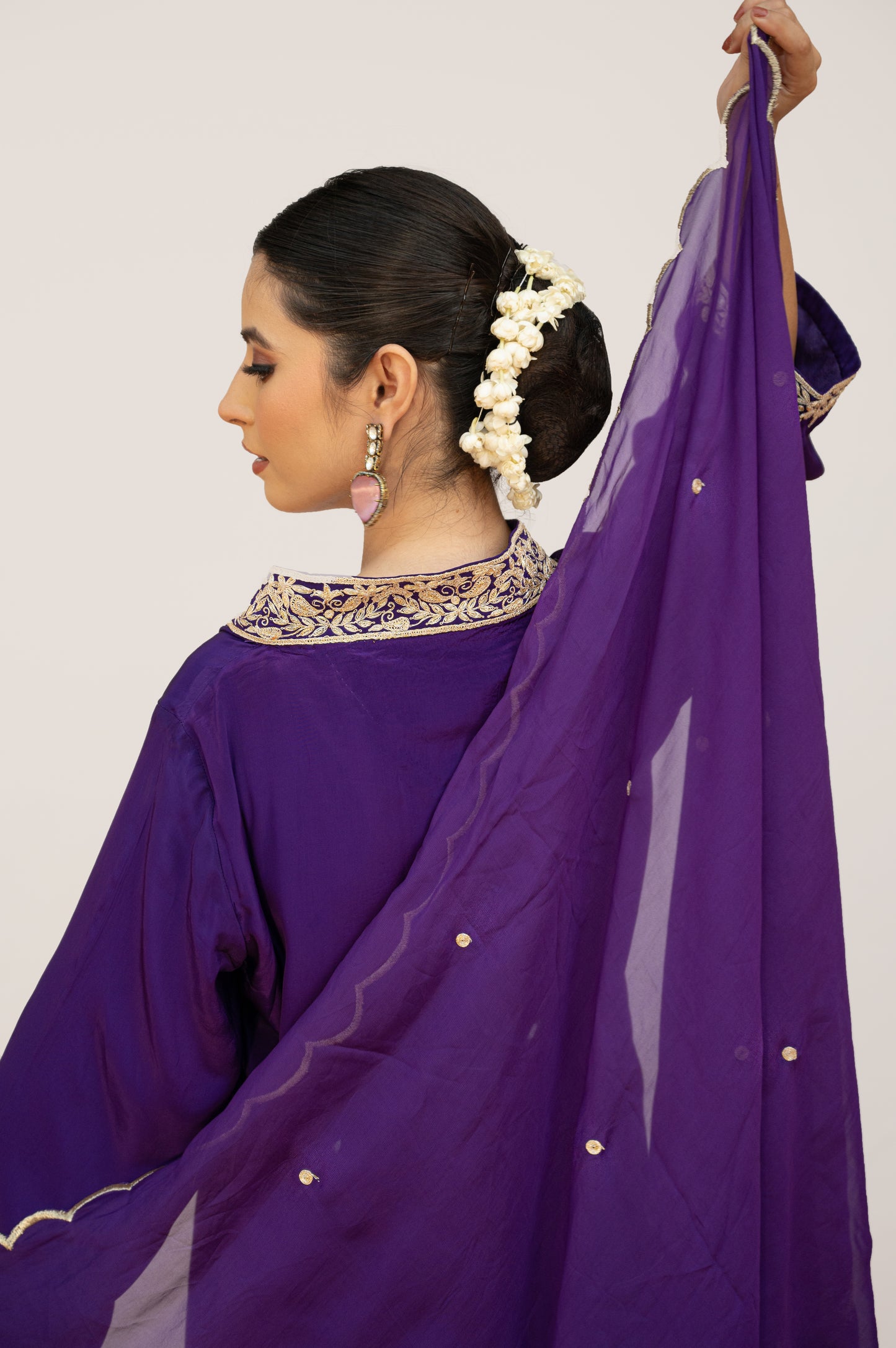 Dark Purple Crepe Tilla Suit with Potli