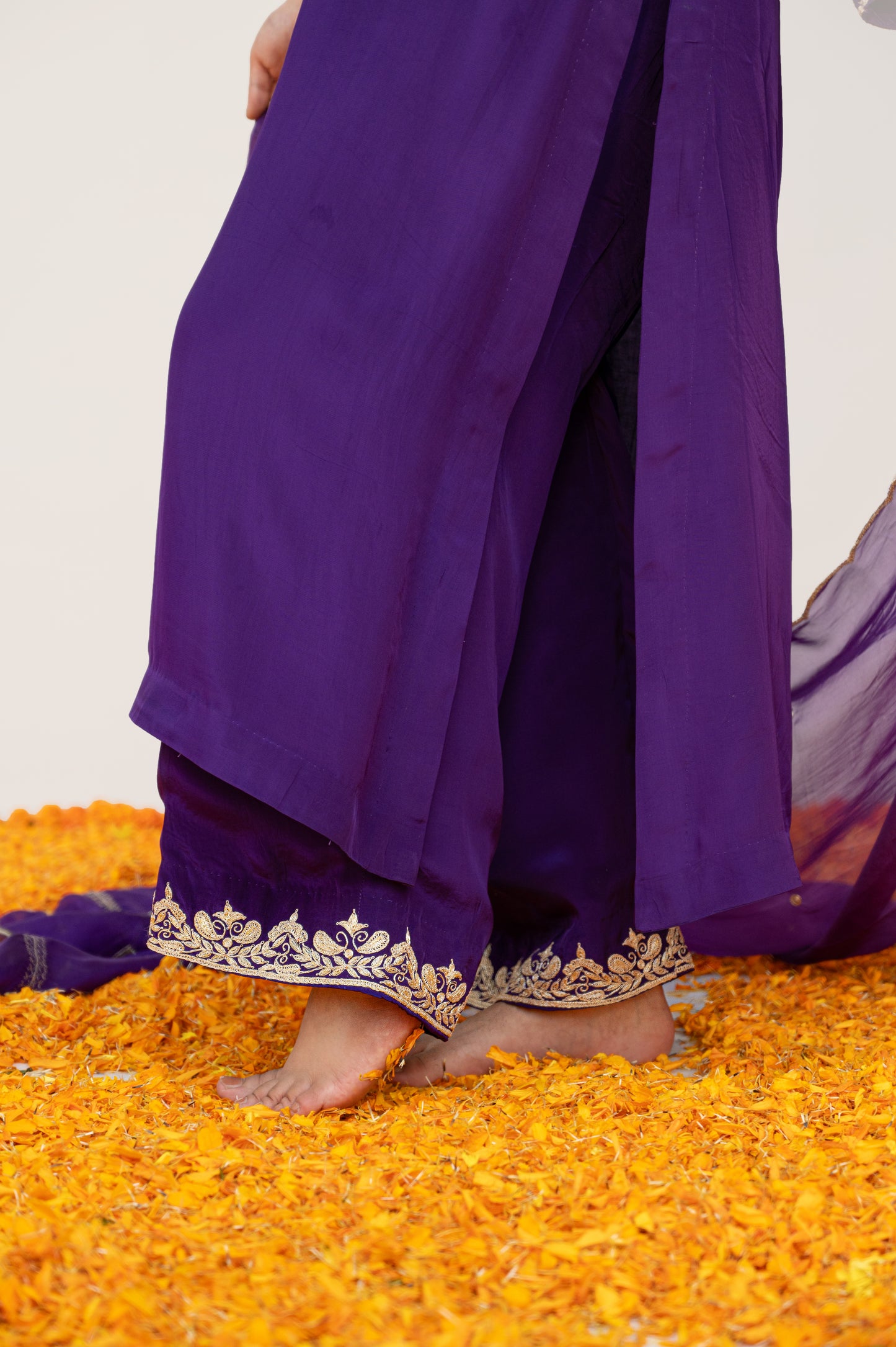 Dark Purple Crepe Tilla Suit with Potli