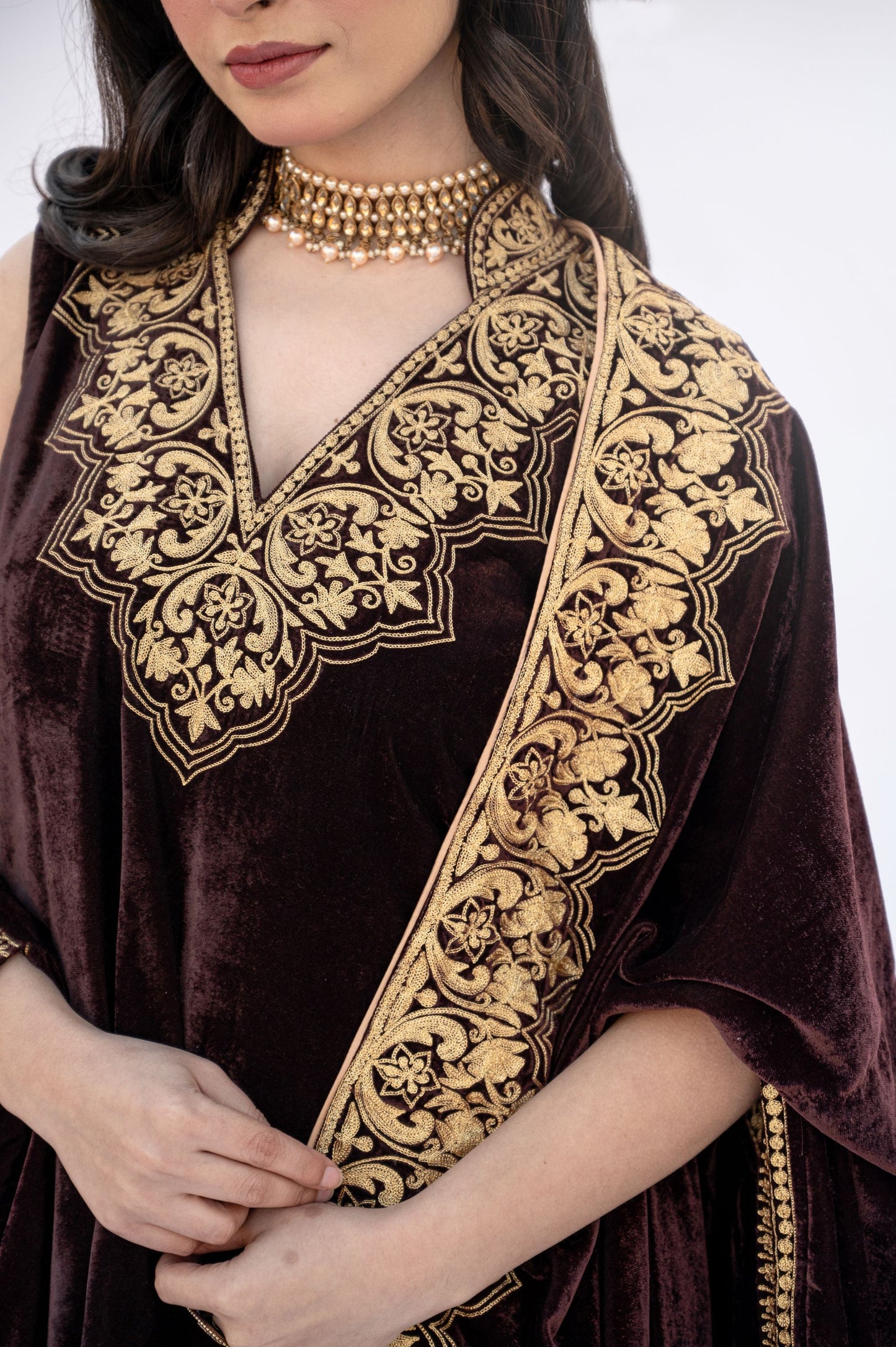 Brown velvet minar cape set