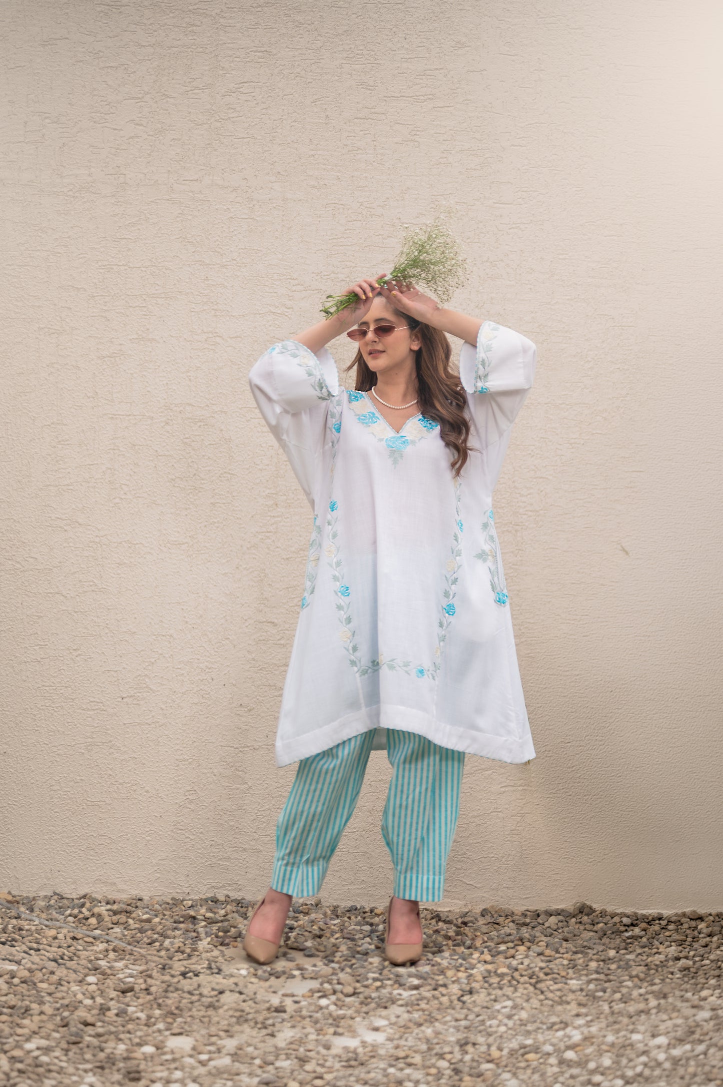 White Phiran With Blue Stripes Co-ord Set