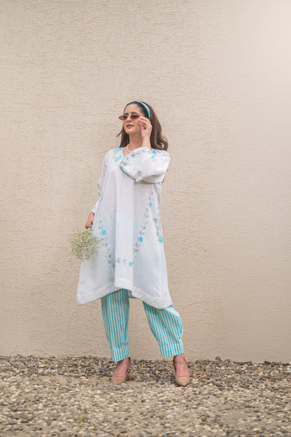 White Phiran With Blue Stripes Co-ord Set