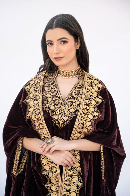 Brown velvet minar cape set