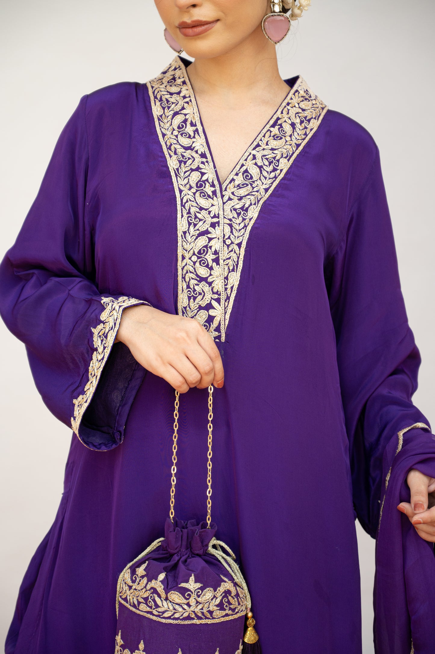 Dark Purple Crepe Tilla Suit with Potli