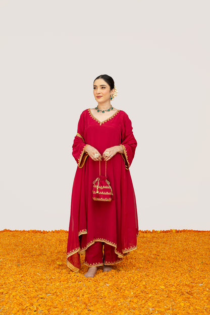 Cherry Red Crepe Tilla Minimal Suit with Potli