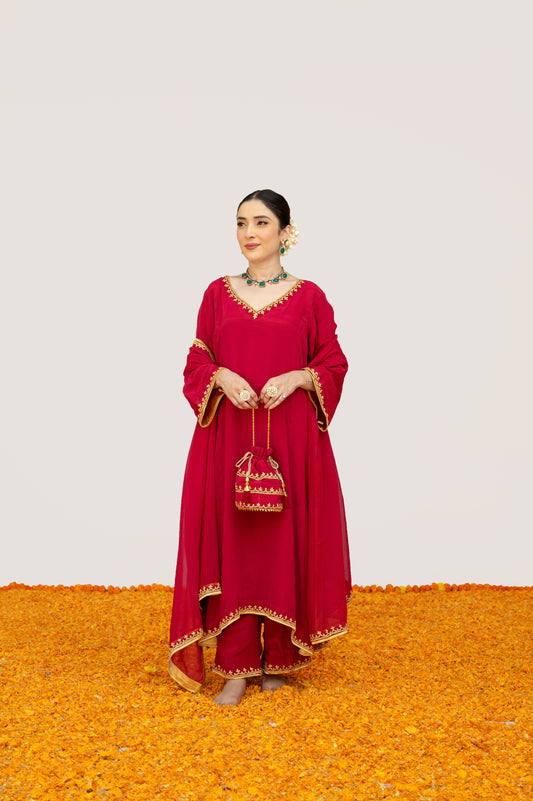 Cherry Red Crepe Tilla Minimal Suit with Potli