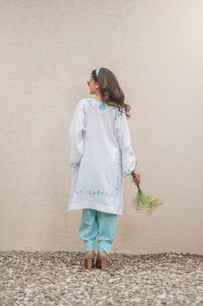 White Phiran With Blue Stripes Co-ord Set