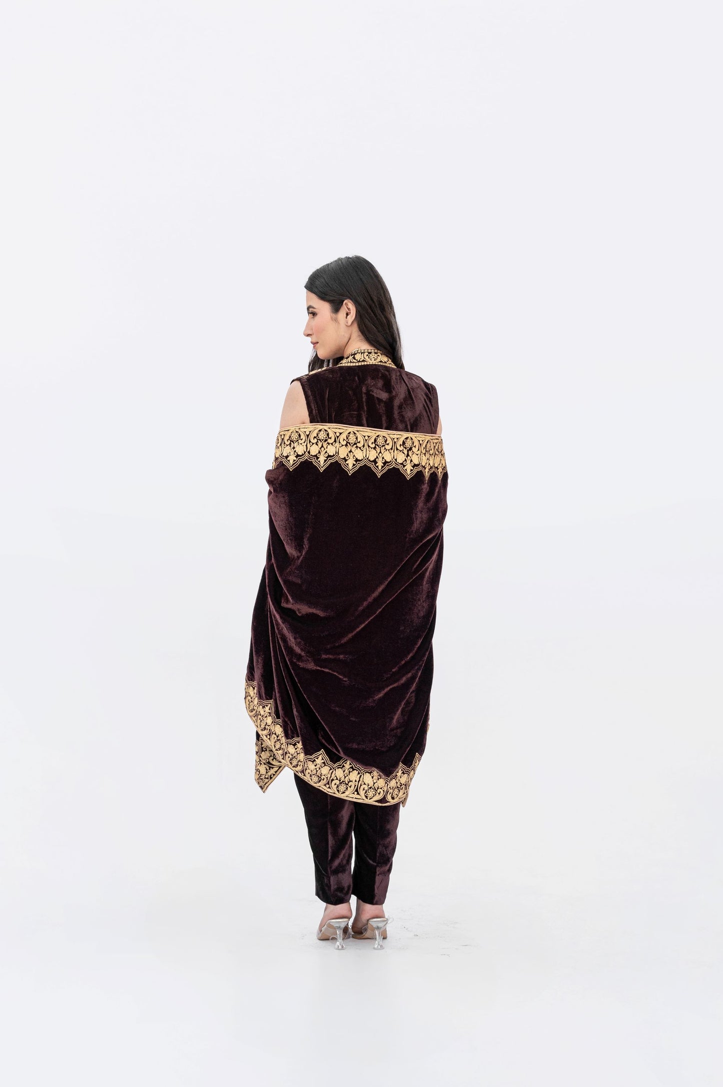 Brown velvet minar cape set