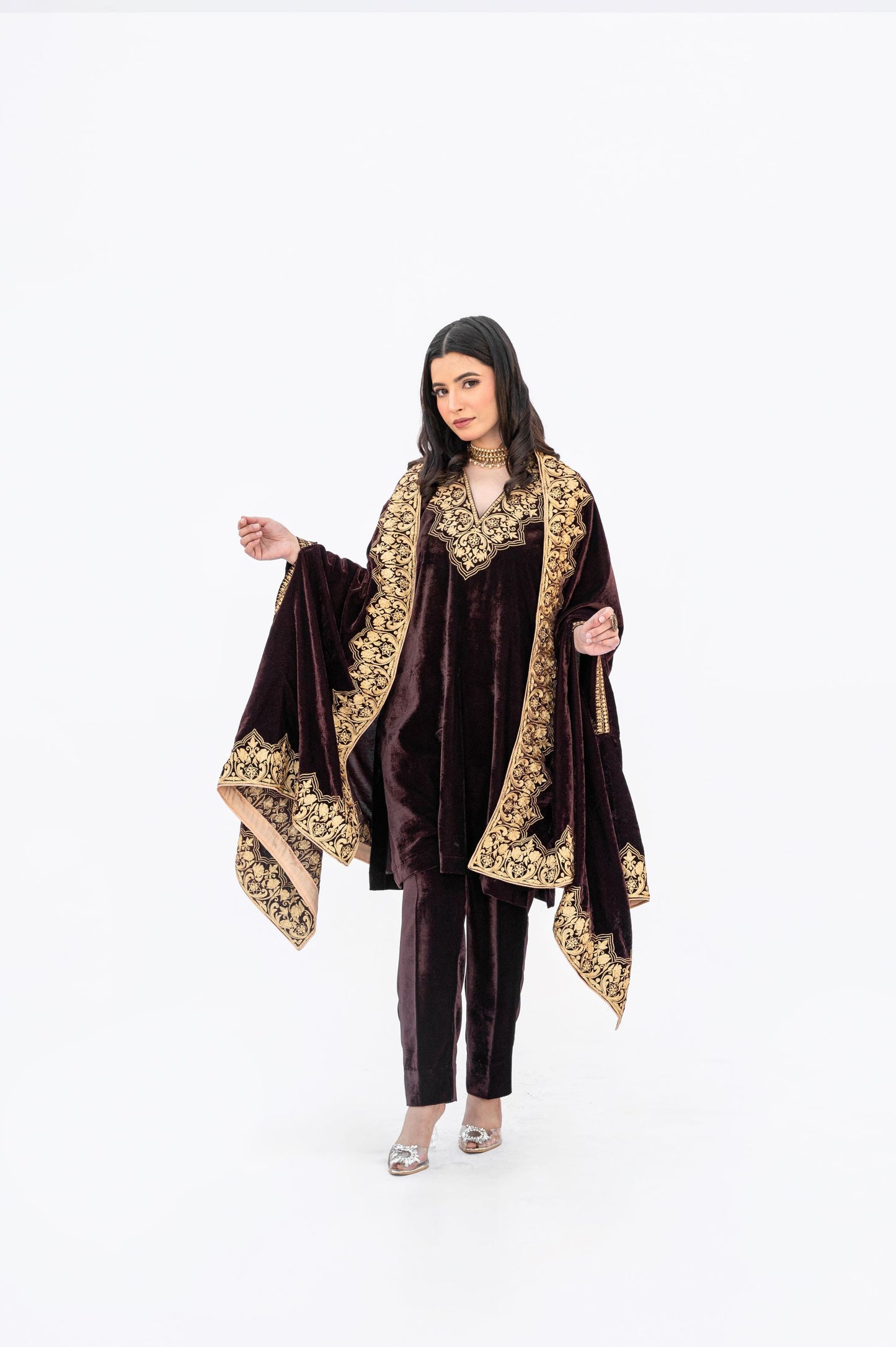 Brown velvet minar cape set