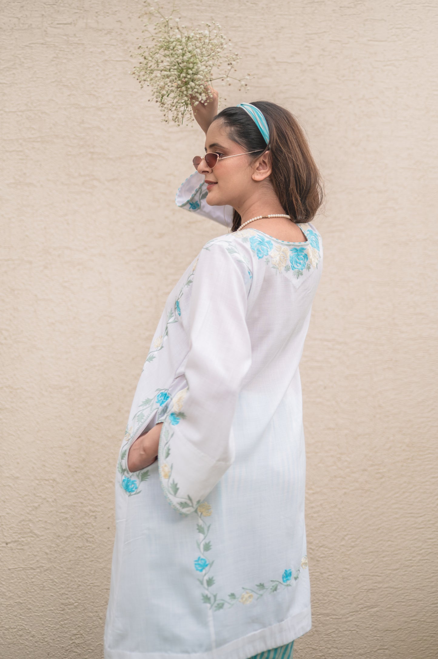 White Phiran With Blue Stripes Co-ord Set
