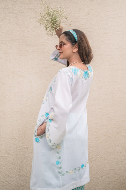 White Phiran With Blue Stripes Co-ord Set