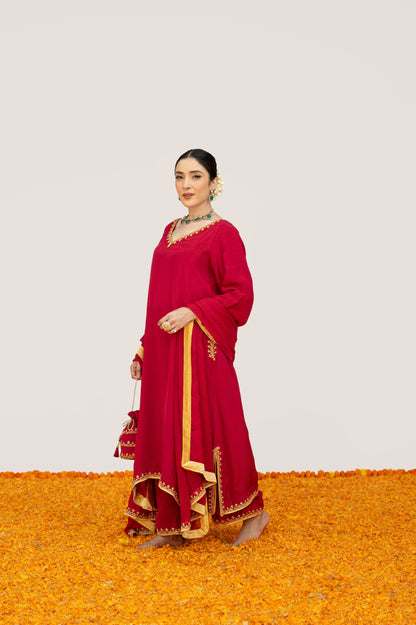 Cherry Red Crepe Tilla Minimal Suit with Potli