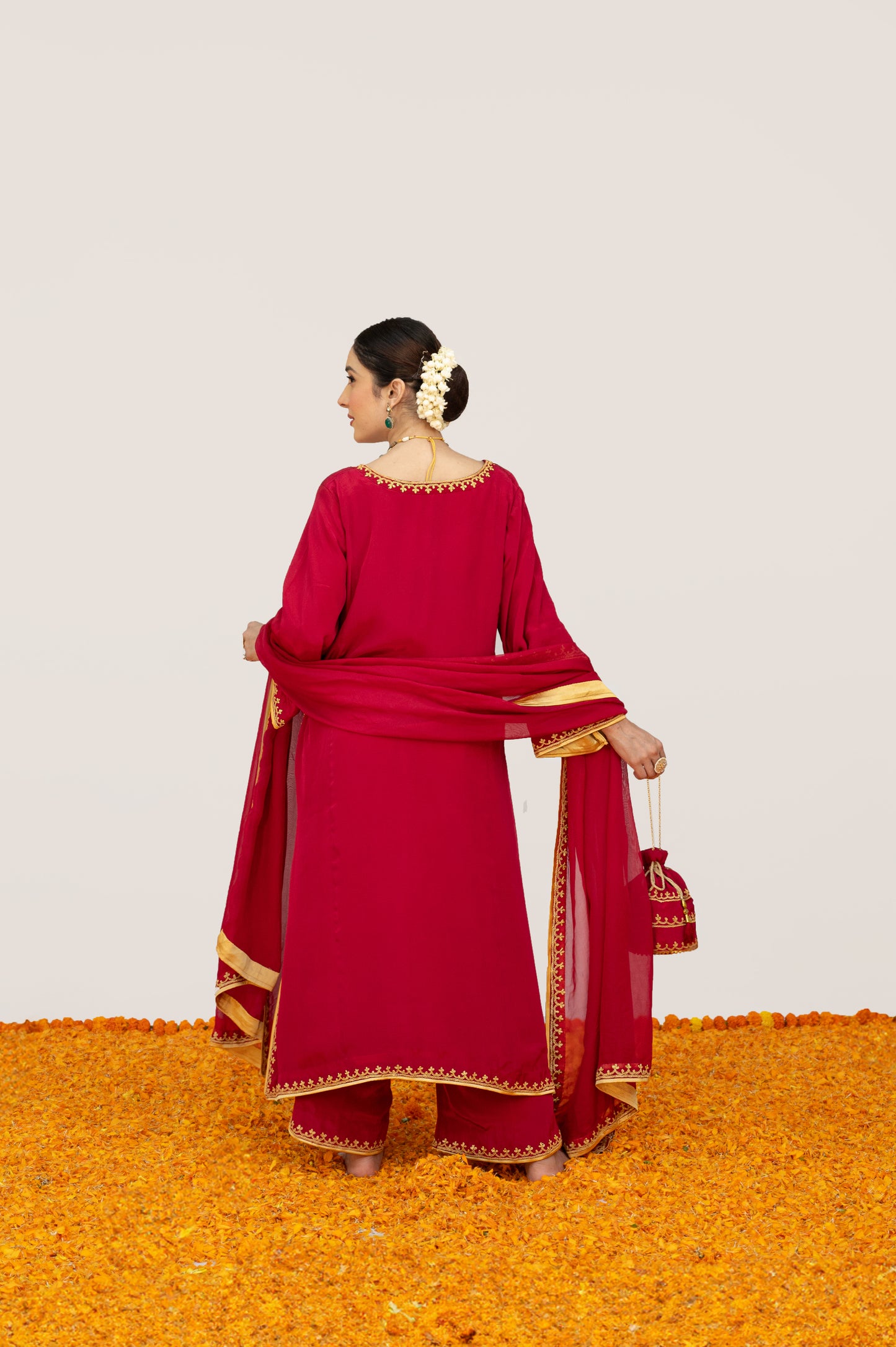 Cherry Red Crepe Tilla Minimal Suit with Potli