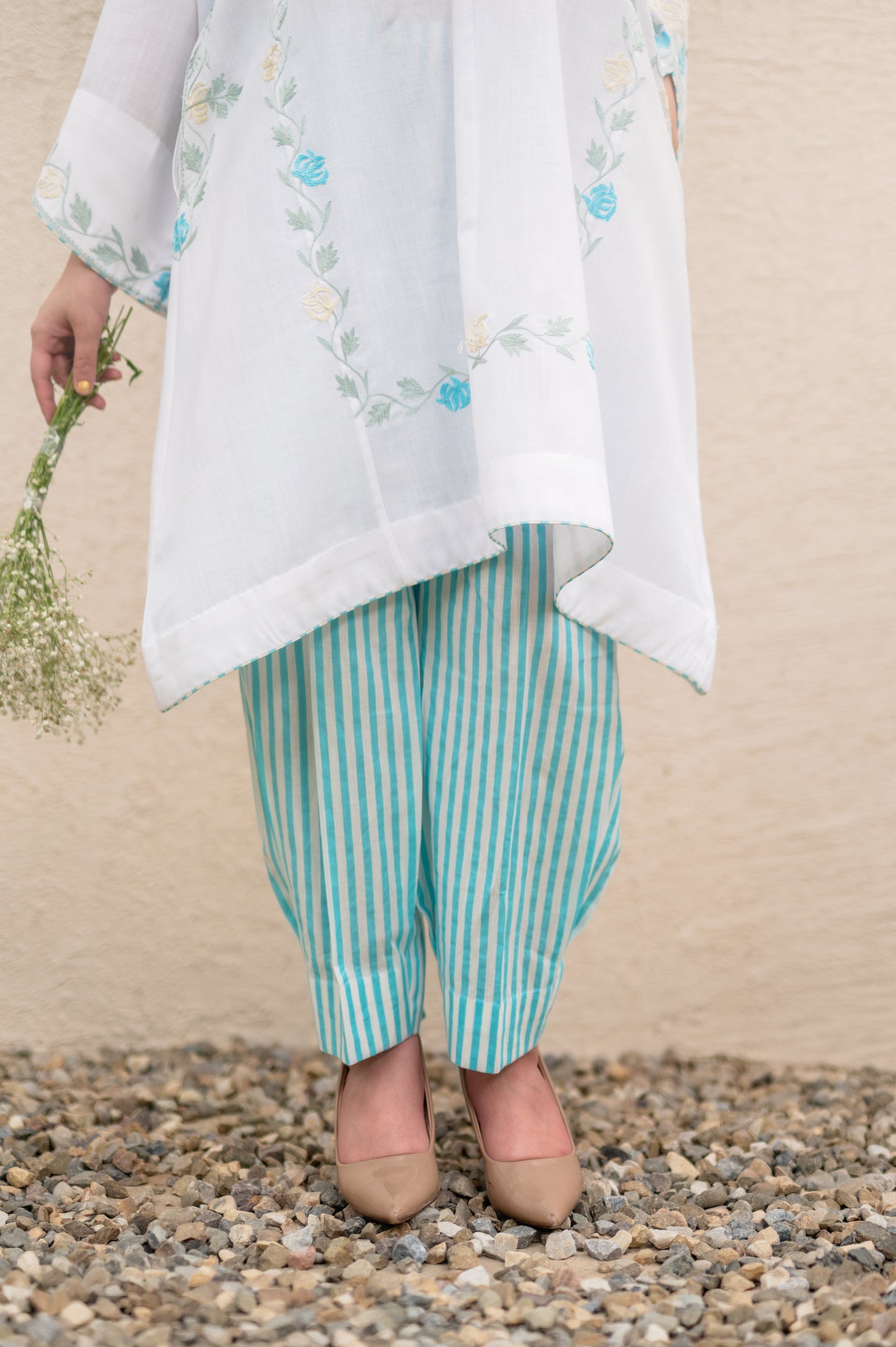 White Phiran With Blue Stripes Co-ord Set
