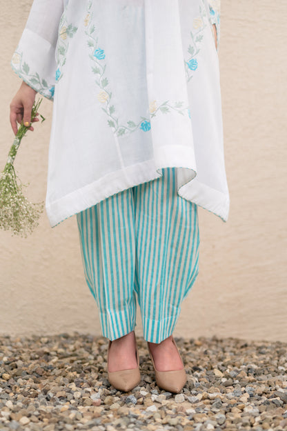 White Phiran With Blue Stripes Co-ord Set