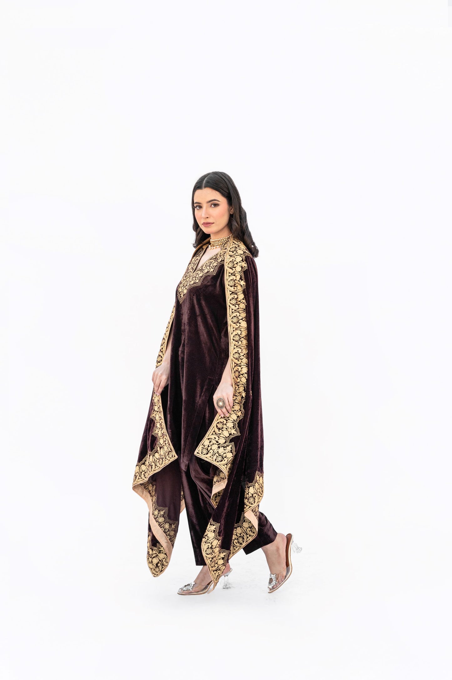 Brown velvet minar cape set