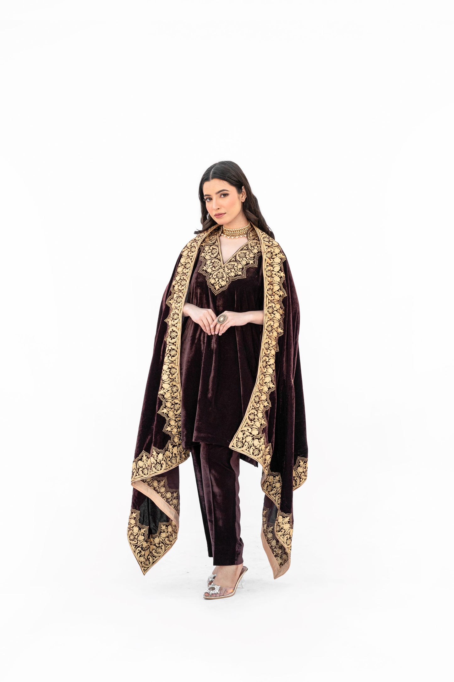 Brown velvet minar cape set