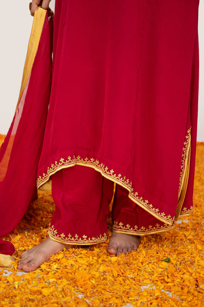 Cherry Red Crepe Tilla Minimal Suit with Potli