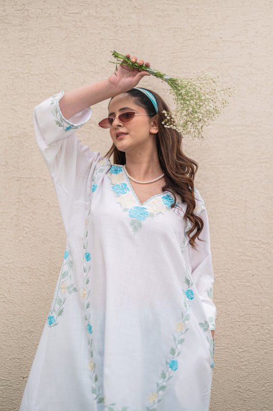 White Phiran With Blue Stripes Co-ord Set