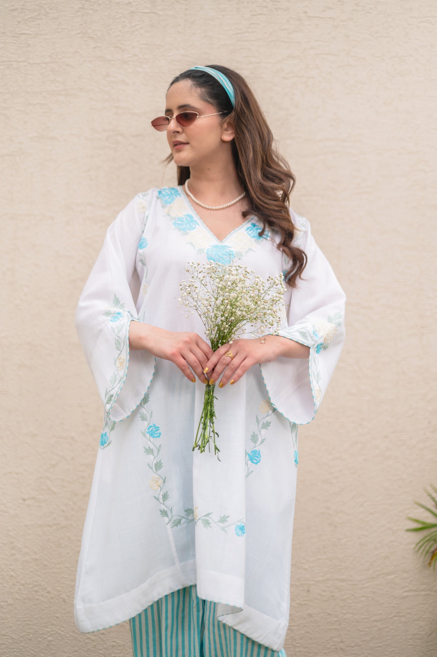 White Phiran With Blue Stripes Co-ord Set