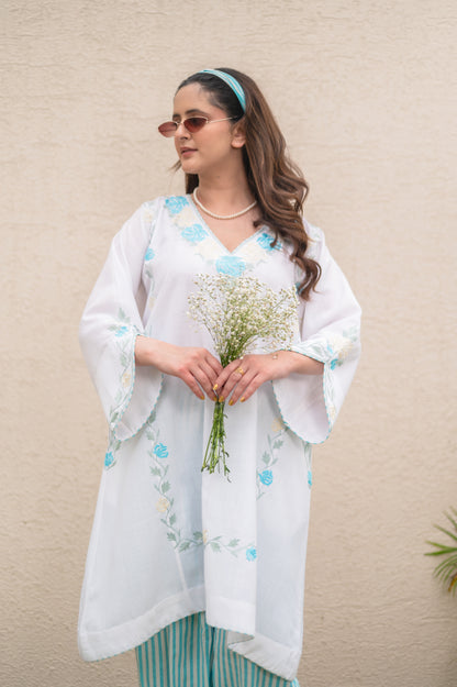 White Phiran With Blue Stripes Co-ord Set